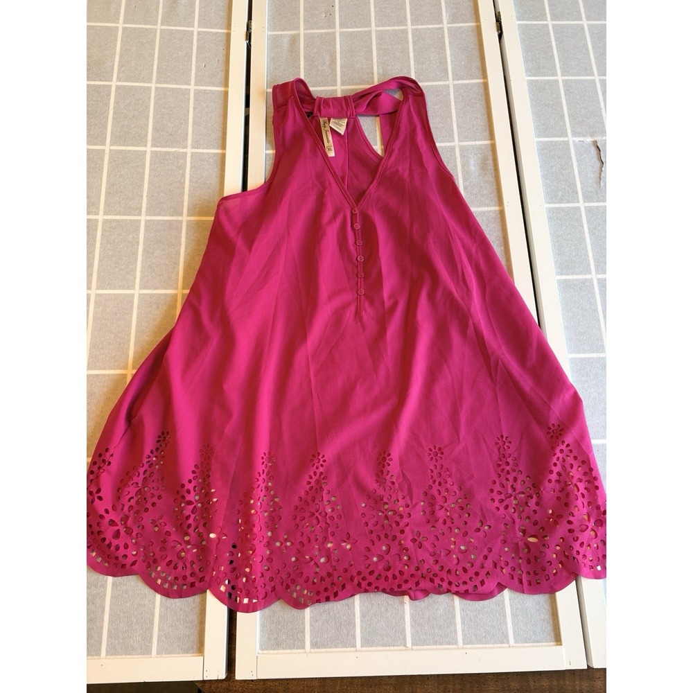 Bright Pink Laser Cut Tunic Shift Dress XL Resort Vacation Wear Spring Tropical